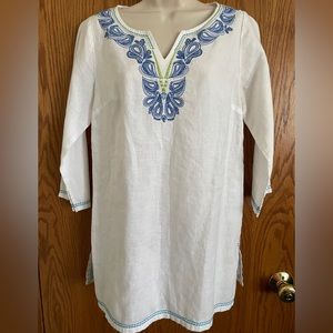 Tommy Bahama White Linen Tunic Embroidered 3/4 Sleeves V-Neck Women's Size S/P
